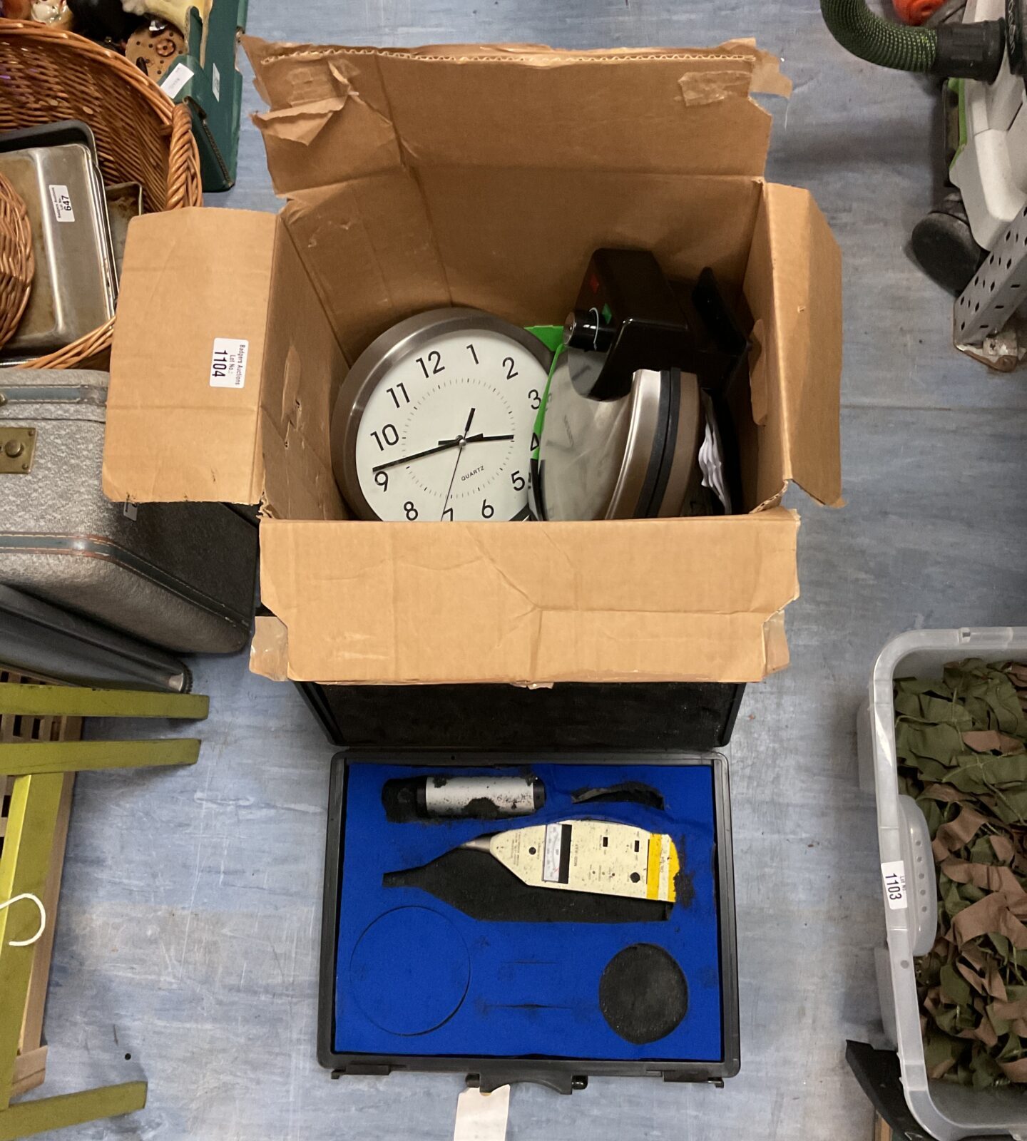 Box of mixed inc sound level meter & wall clock