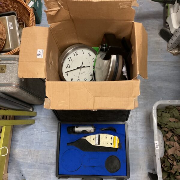 Box of mixed inc sound level meter & wall clock