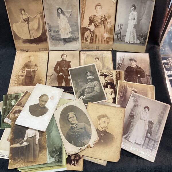 Collection of antique fashion and military photographs from the early 20th century.