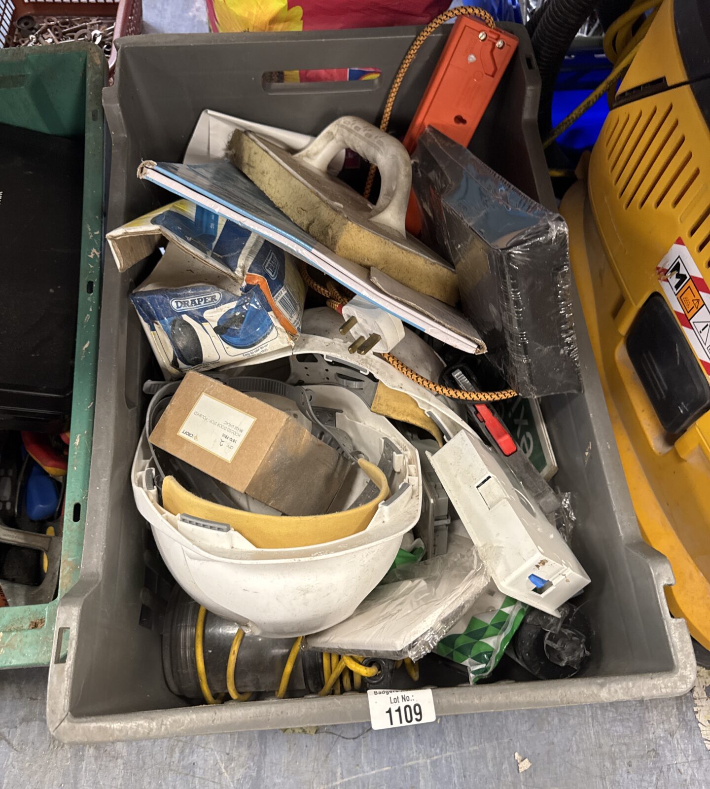 Box of shed clearance items inc safety hat & others
