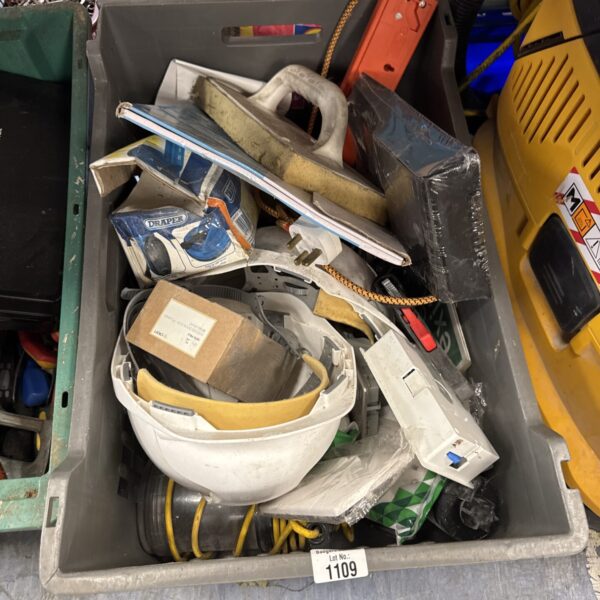 Box of shed clearance items inc safety hat & others