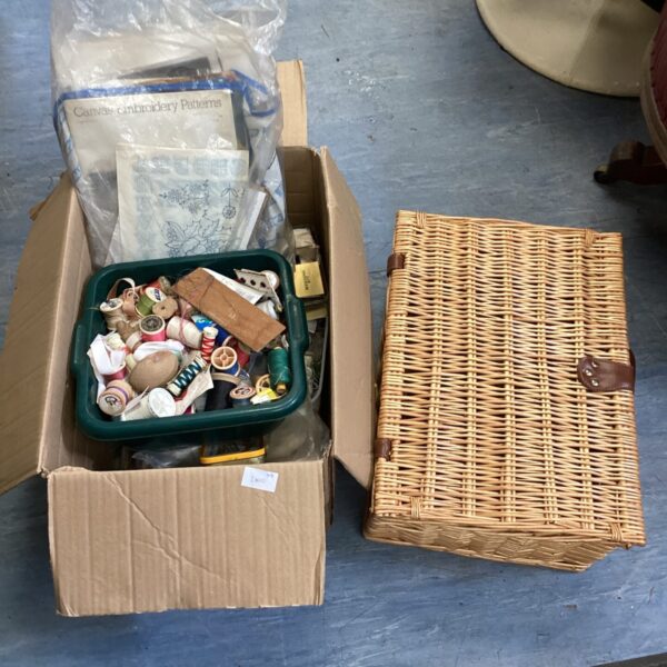 Wicker basket with box of mixed sewing items & patterns