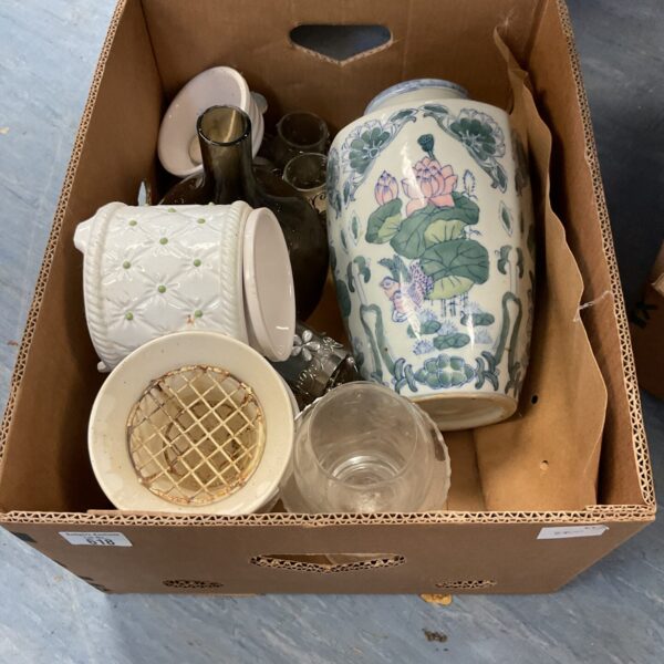 Mixed ceramics lot featuring a floral vase and decorative pots.