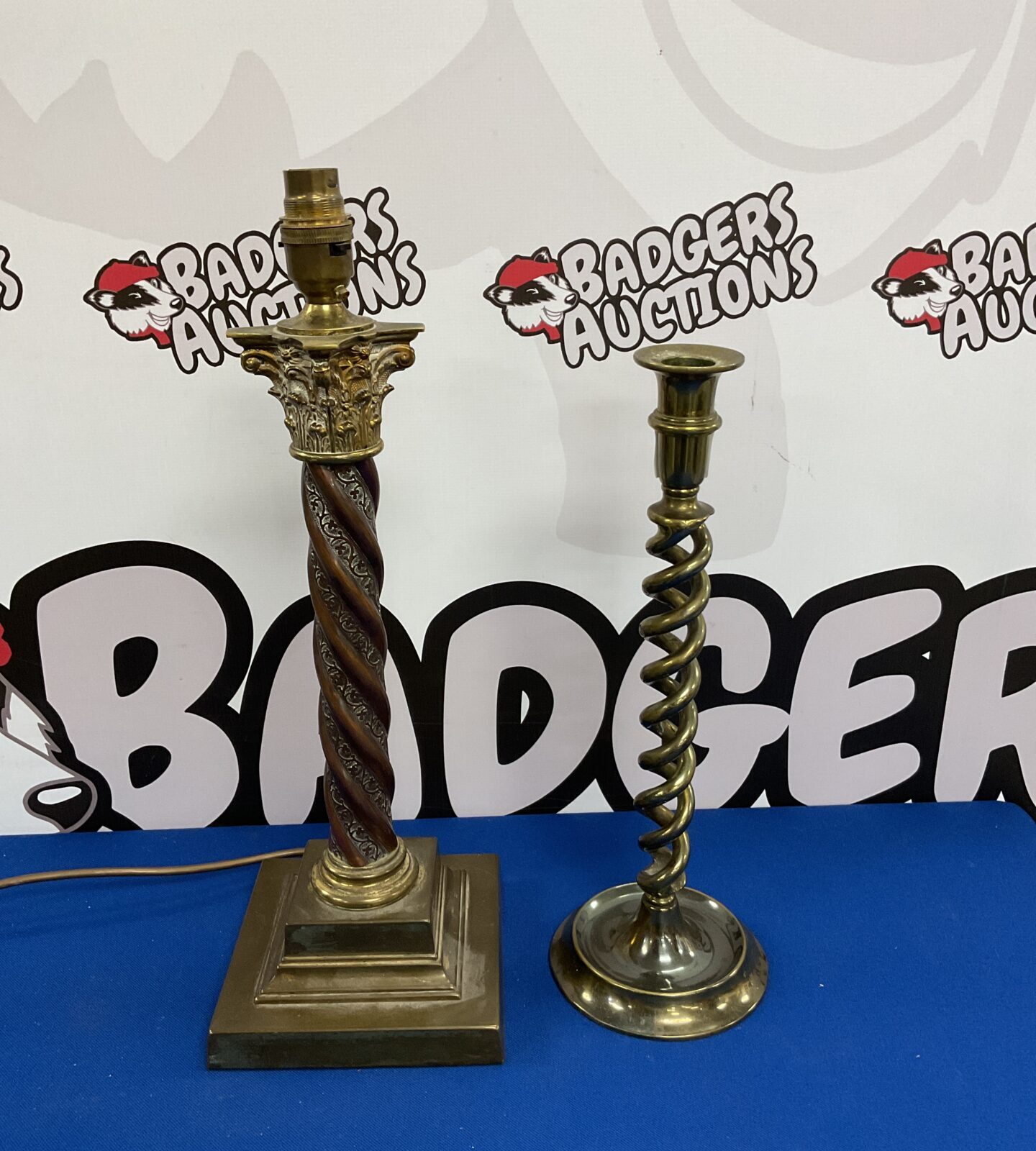 Vintage brass & copper column table lamp & spiral candlestick