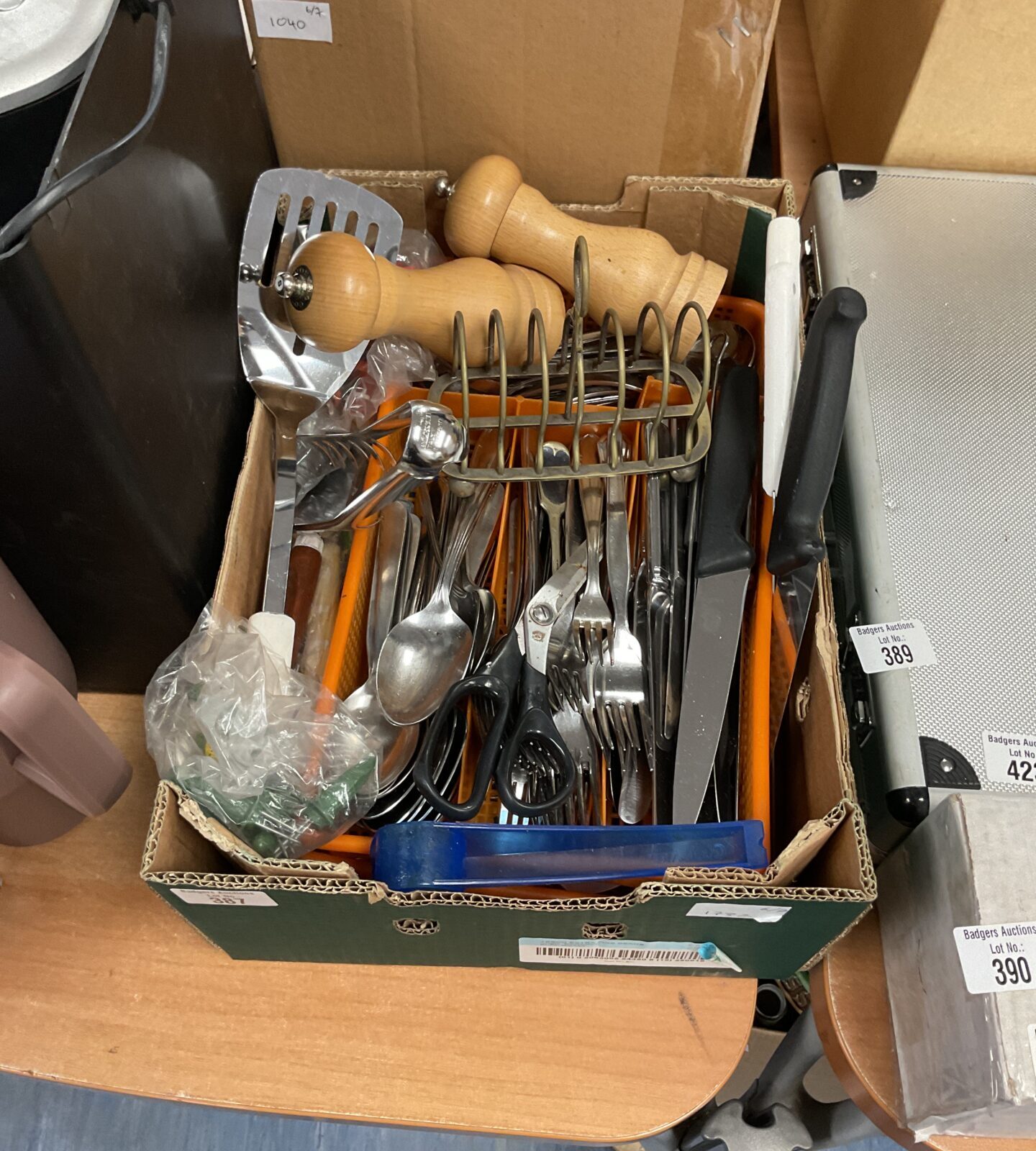 Box of kitchenware inc cutkery and salt shakers