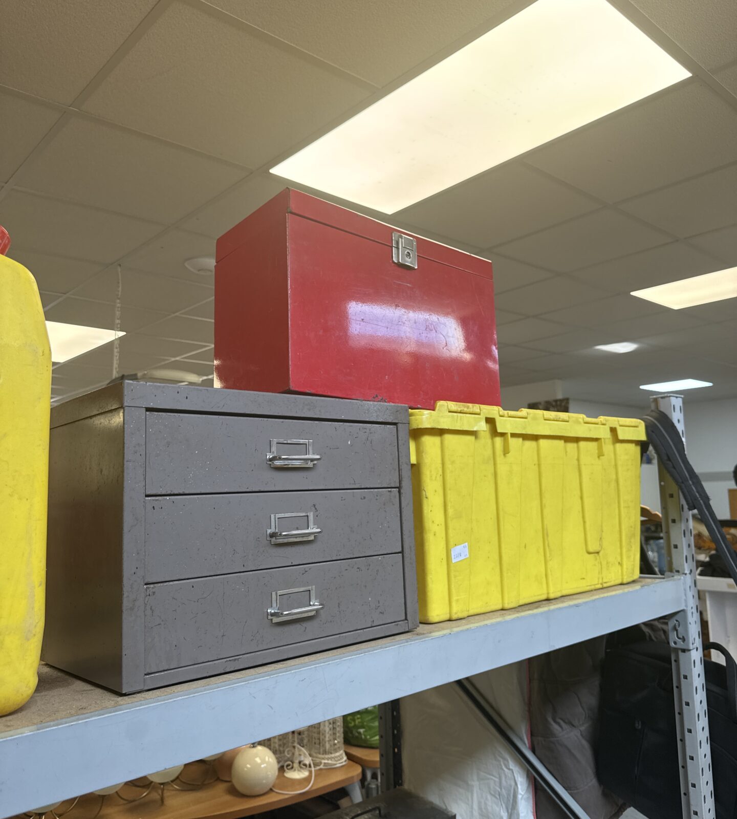 Metal documents box, three drawer cabinet & tote crate