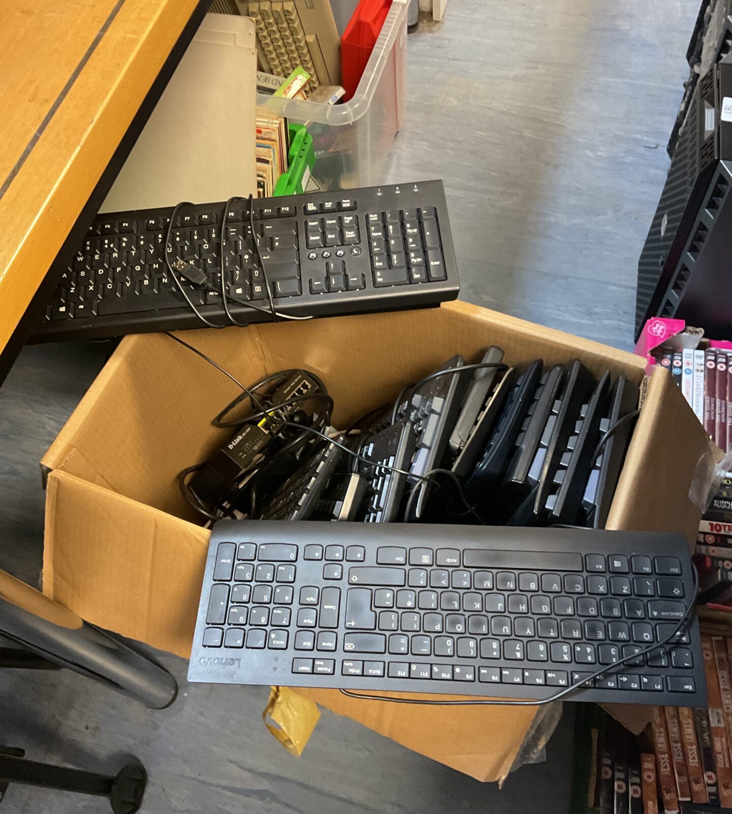 Large box of computer keyboards including dell & lenovo