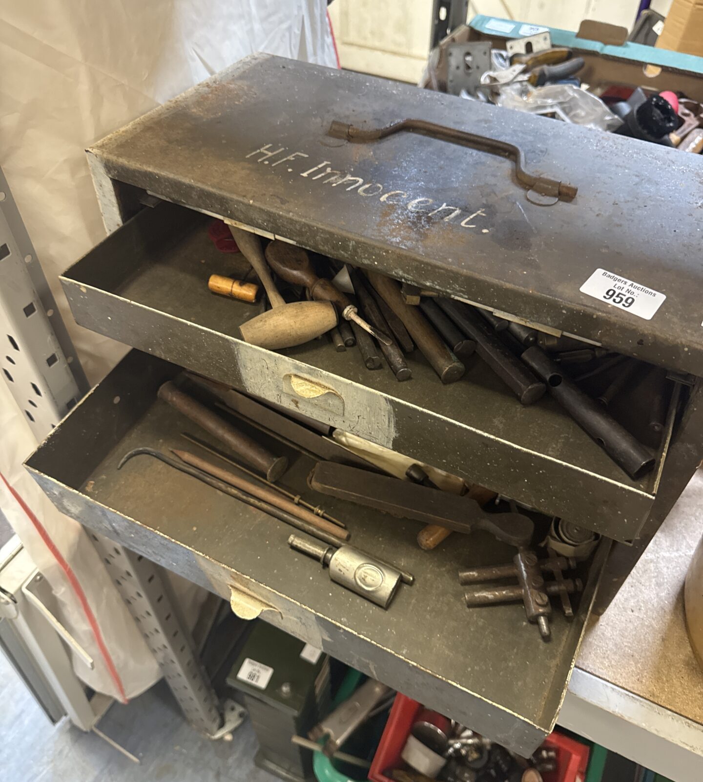 Small metal four drawer engineers toolbox with contents - Image 2