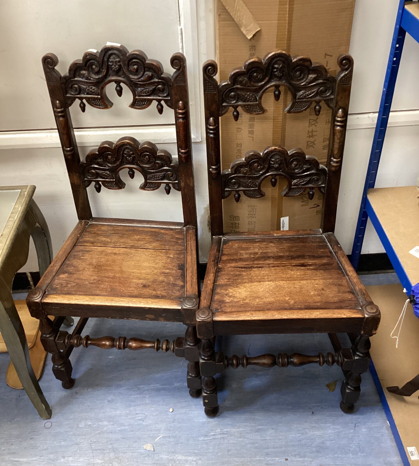 Pair of 17th century  Yorkshire style oak hall chairs