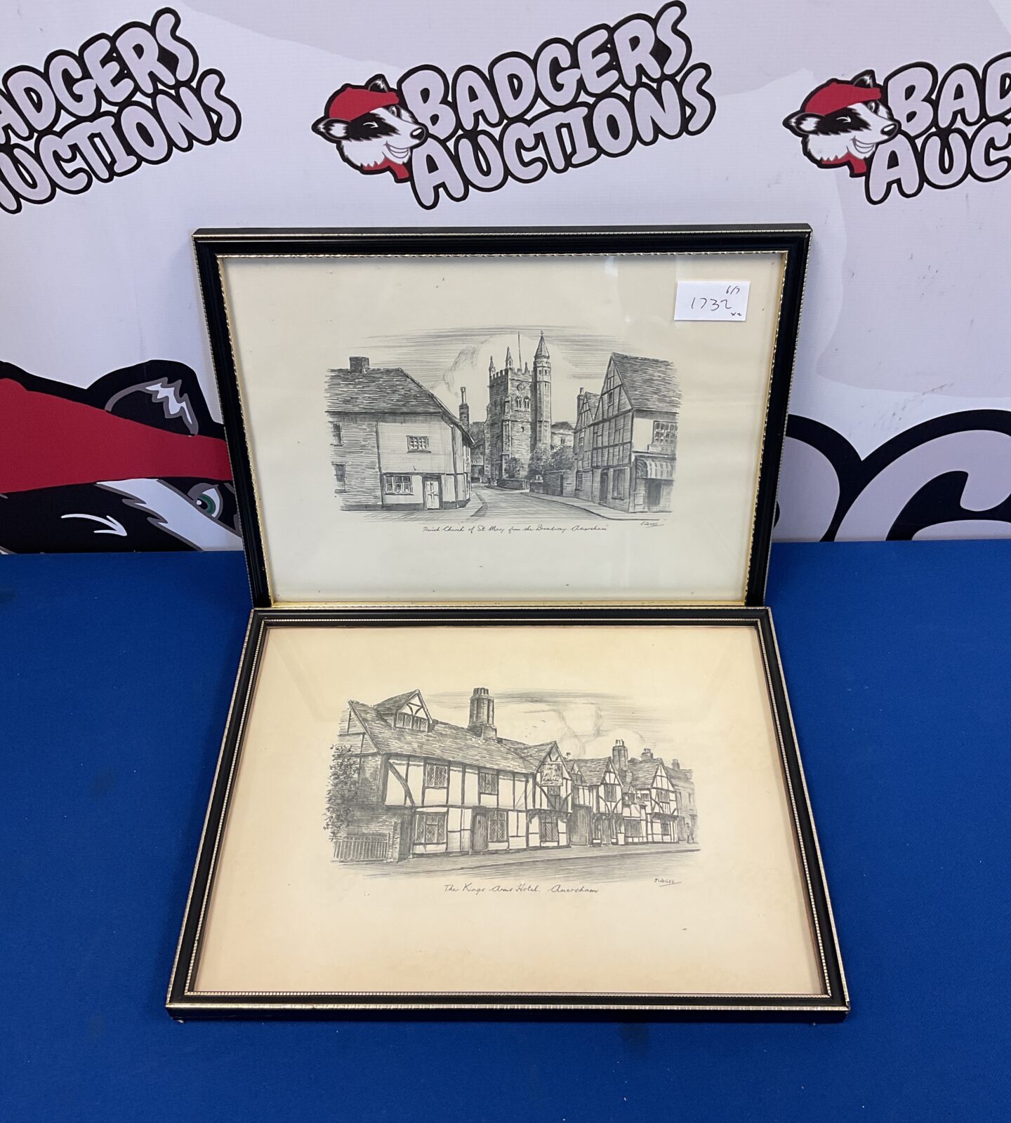 Pair of original pencil drawings of amersham church & kings arms hotel