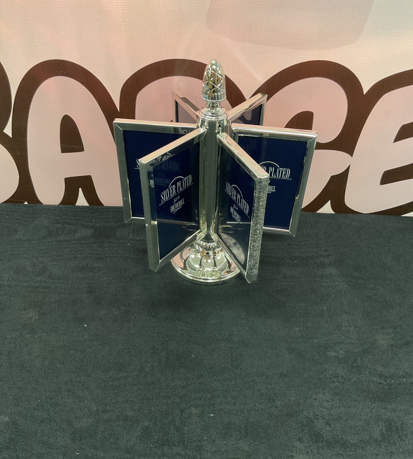 Silver plated rotating carousel picture frame photo display stand