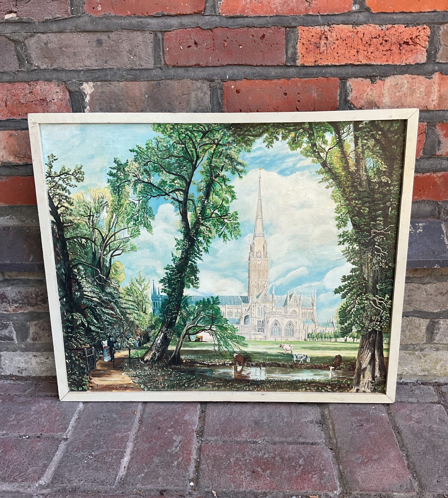 Original oil painting on board of salisbury cathedral