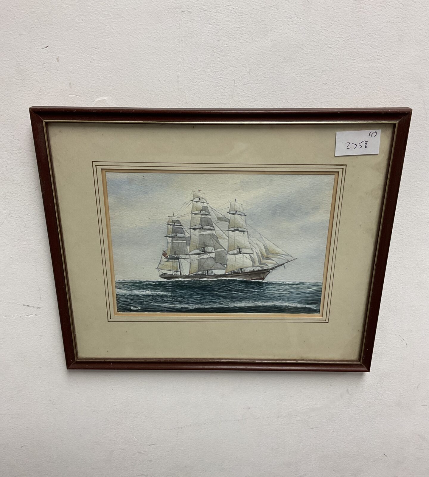 Original watercolour of a schooner sail ship signed brian