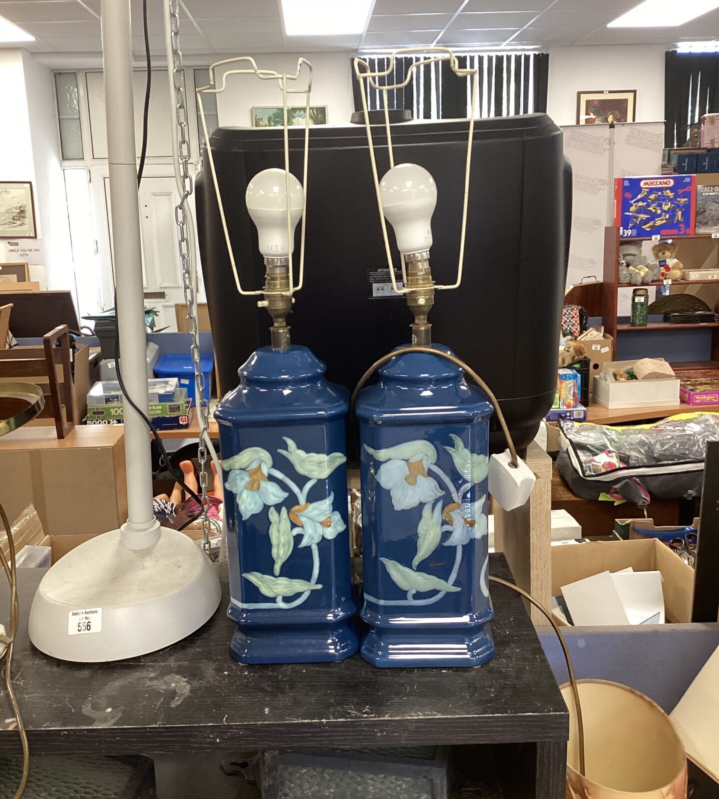 pair of blue floral pattern lamps
