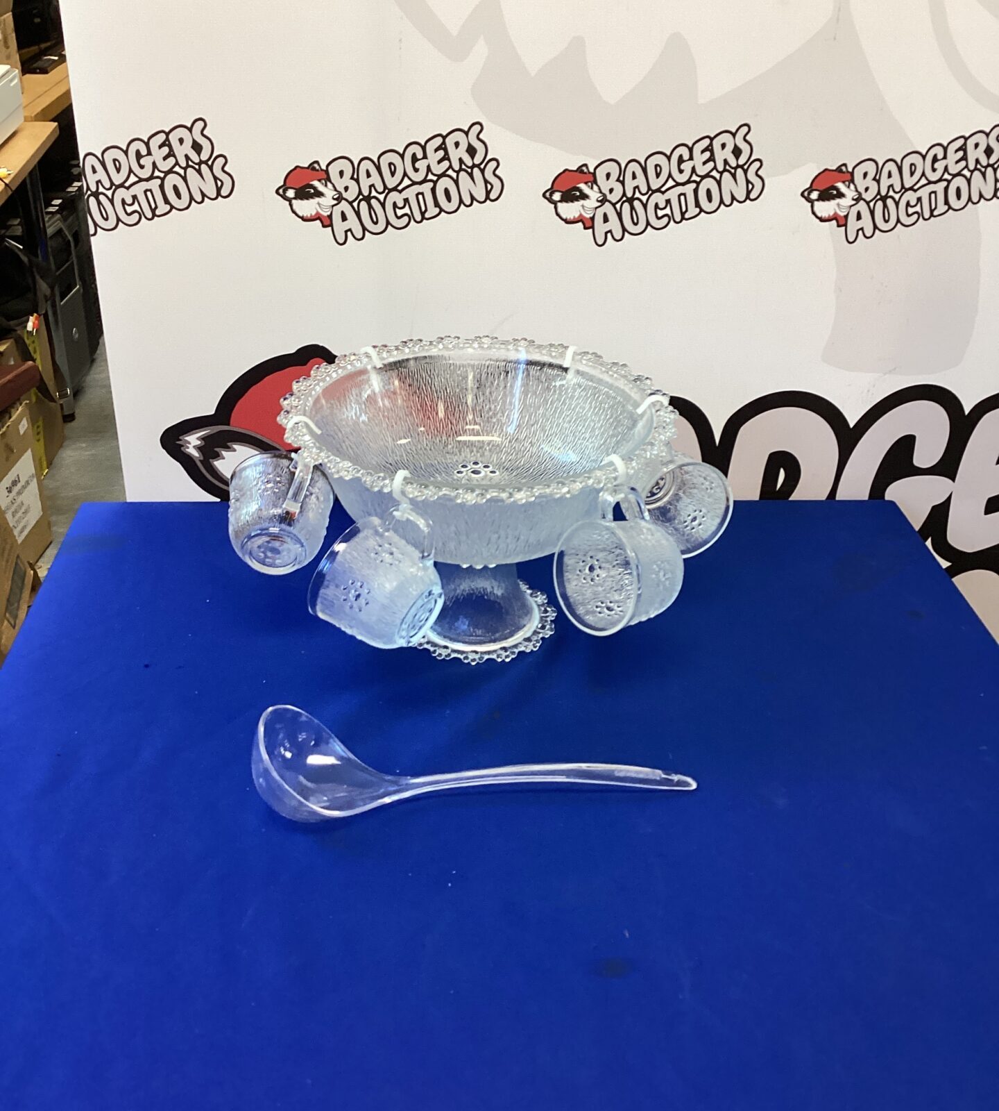 Glass Punch Bowl with cups and ladle