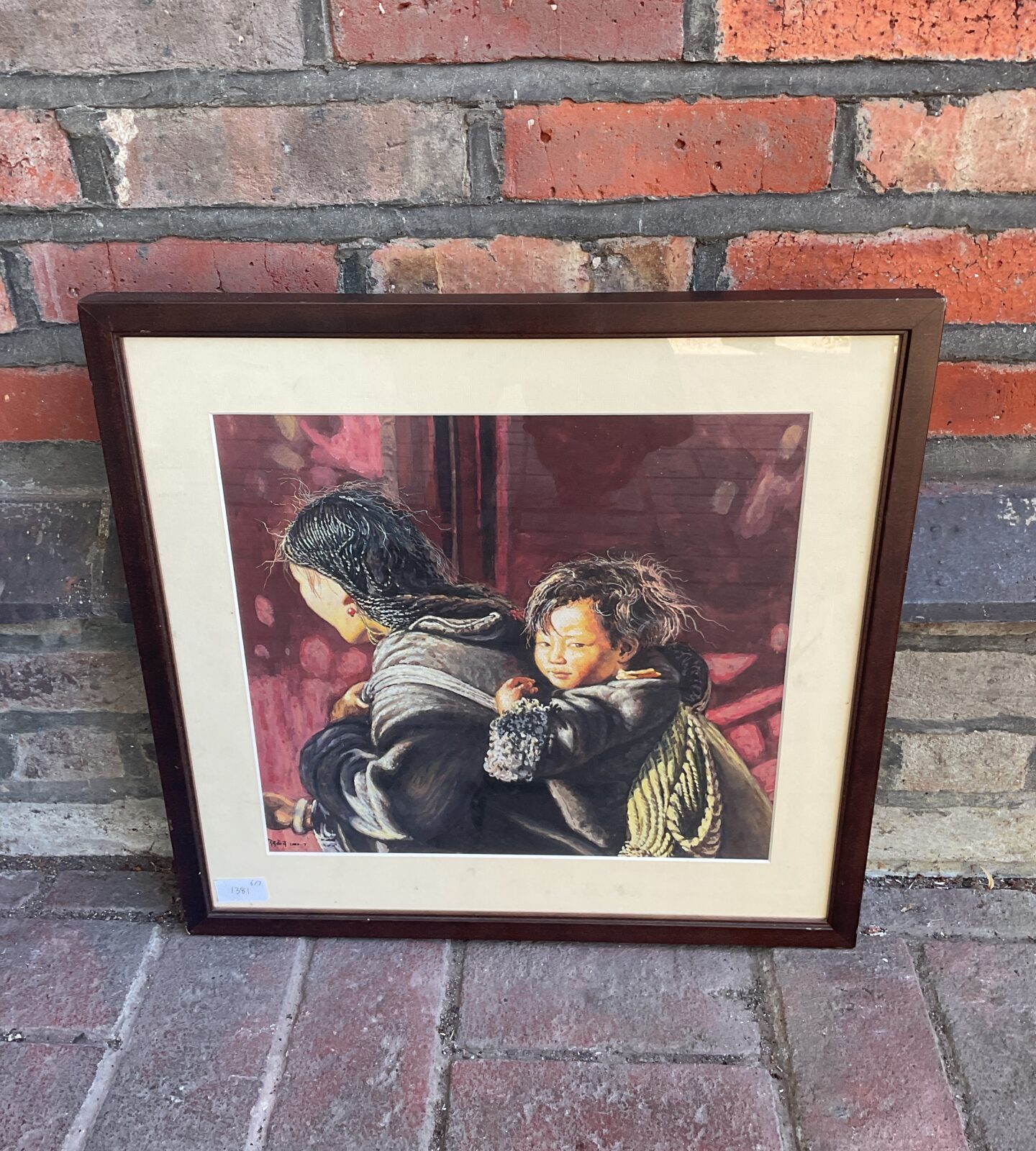 signed oriental school watercolour of mother & child