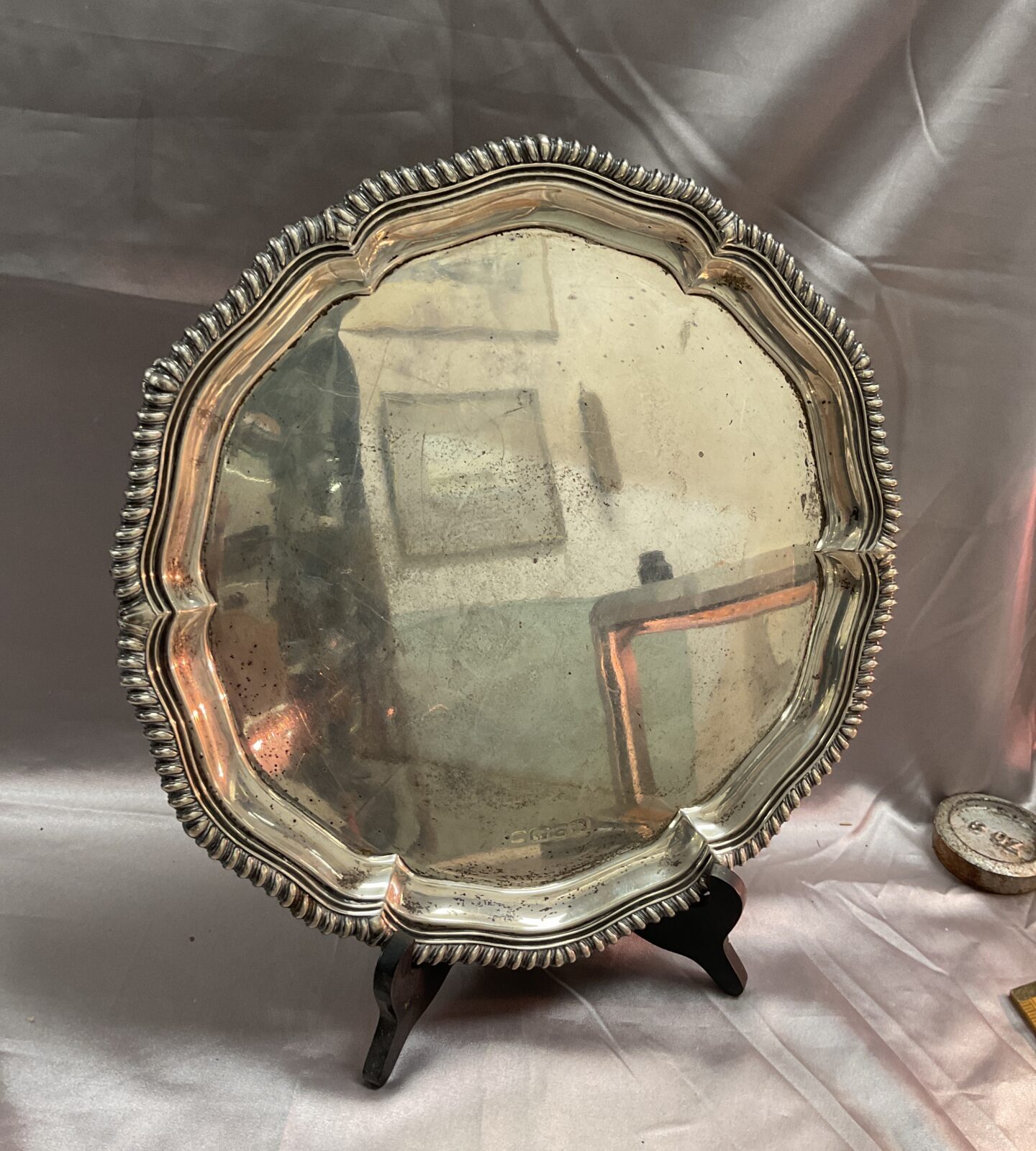 Large sterling silver Ellington & Co 12” footed  Tray Hallmarks Worn Birmingham 1938 ? engraved on reverse 950g