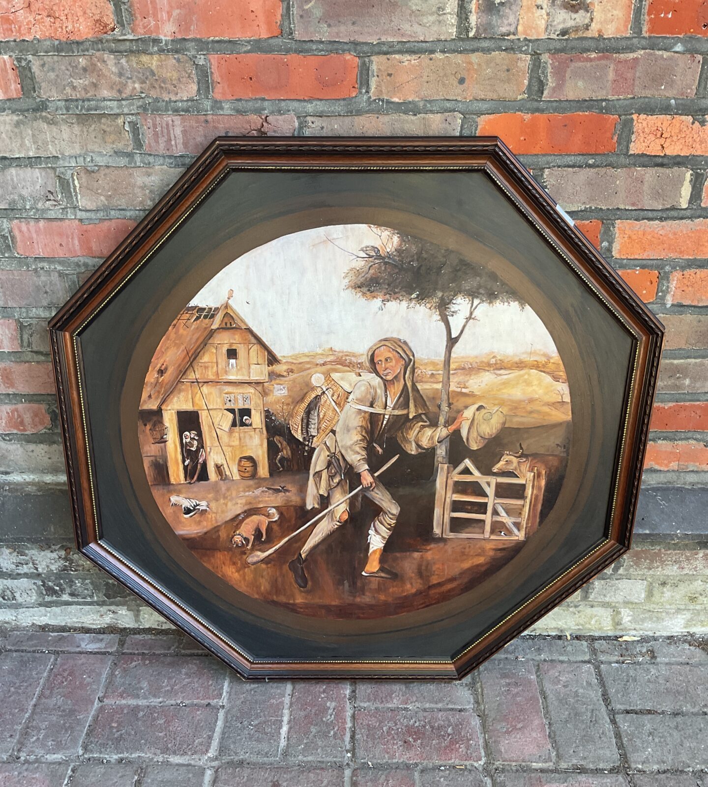 Large hexagonal framed oil painting copy of hieronymus bosch’s the pedlar