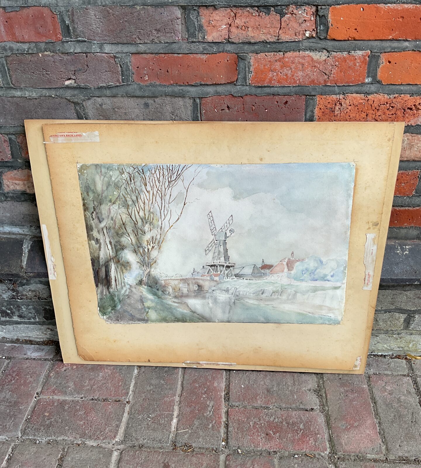 royal institute of oil painters early 20th century watercolour of wooded landscape with figure & a dutch windmill scene on verso - Image 2