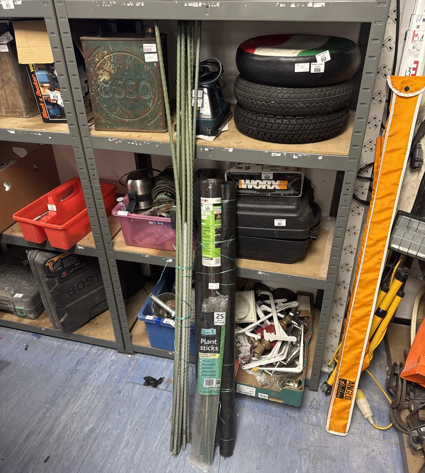 Selection of plastic growing canes, plant sticks & rolls of weed membrane inc one new