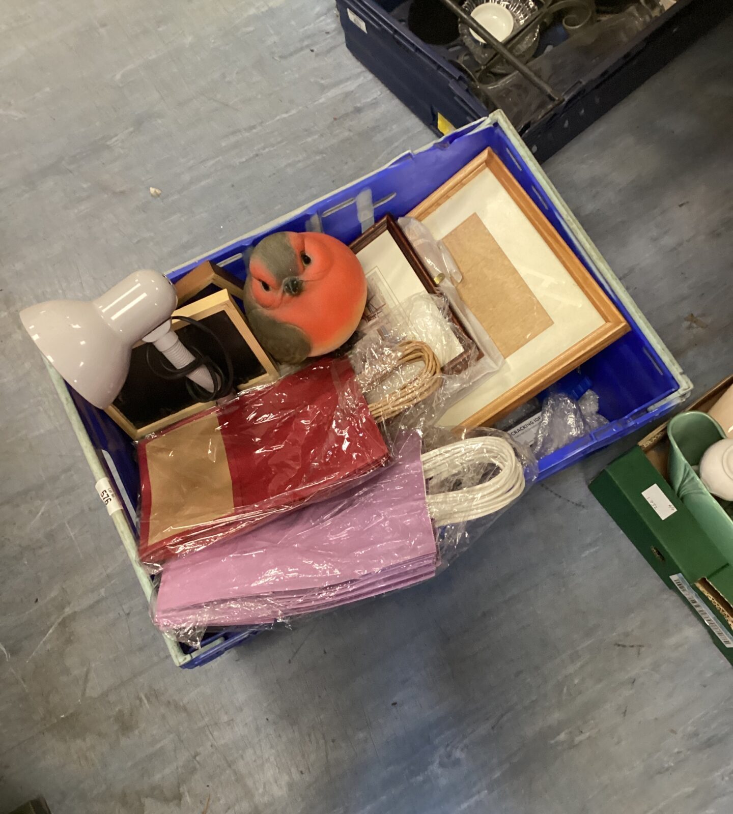 Crate of mixed house clearance inc picture frames, gift bags & large robin