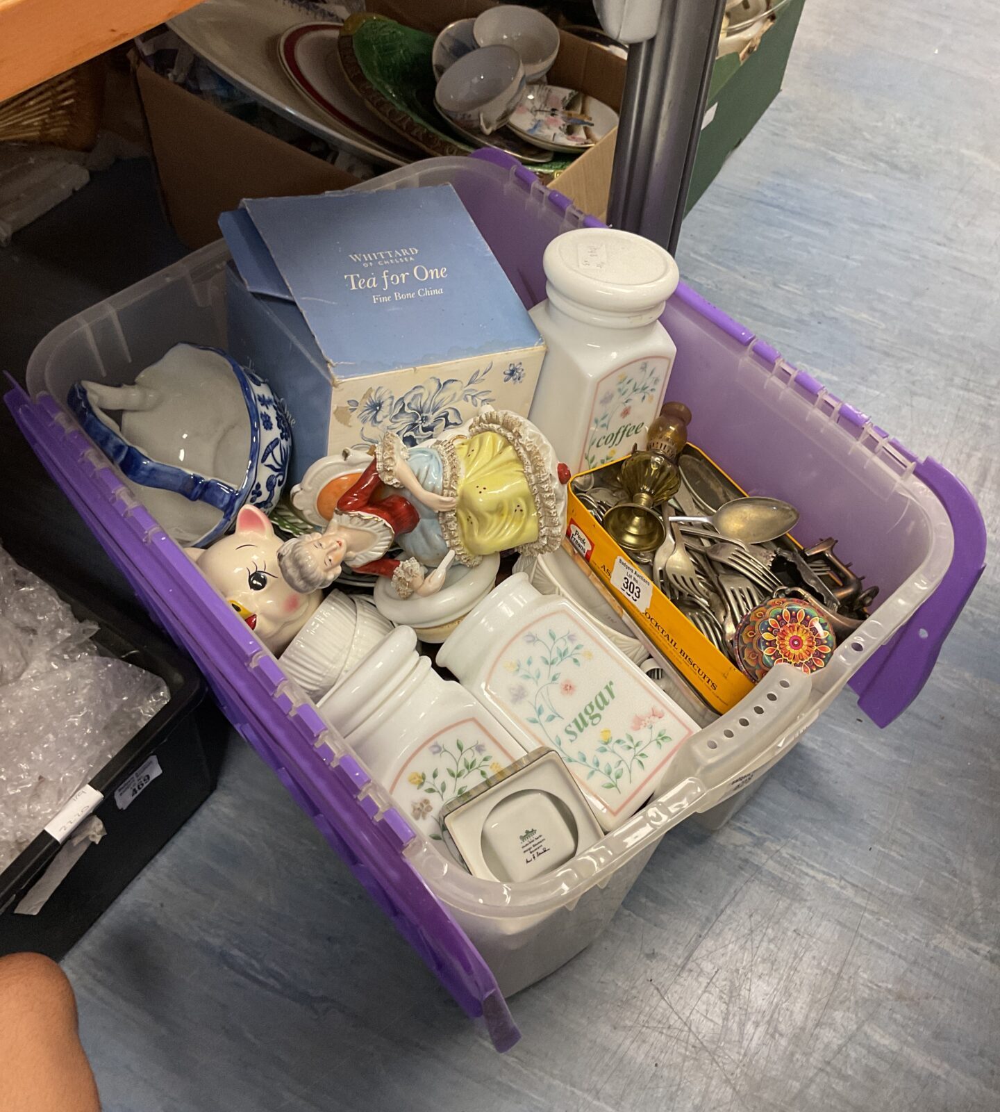 Large crate of mixed clearance items inc mixed cutlery, china, pottery and minature figures
