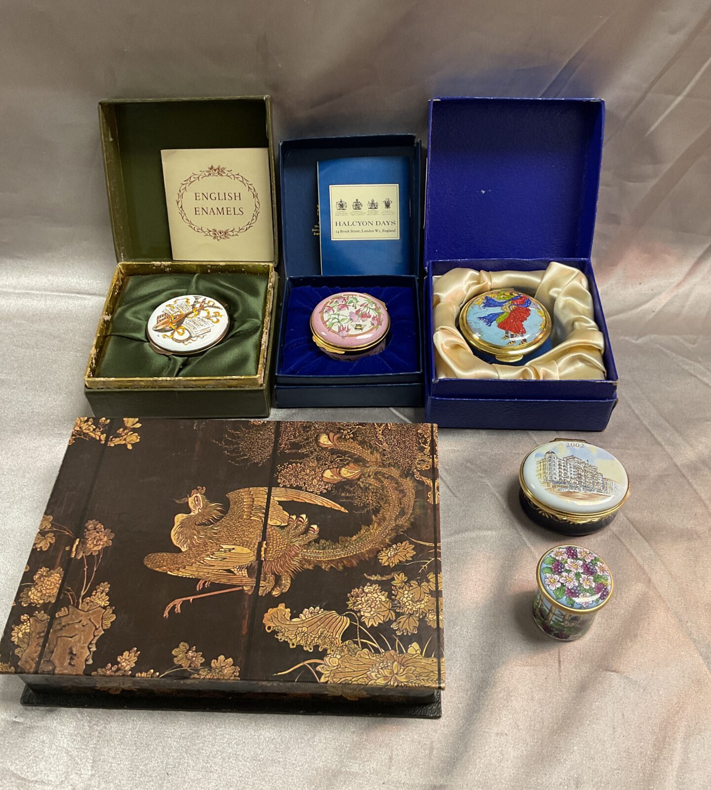 Five enamel pill pots inc halcyon days and Danbury mint and papier mache box