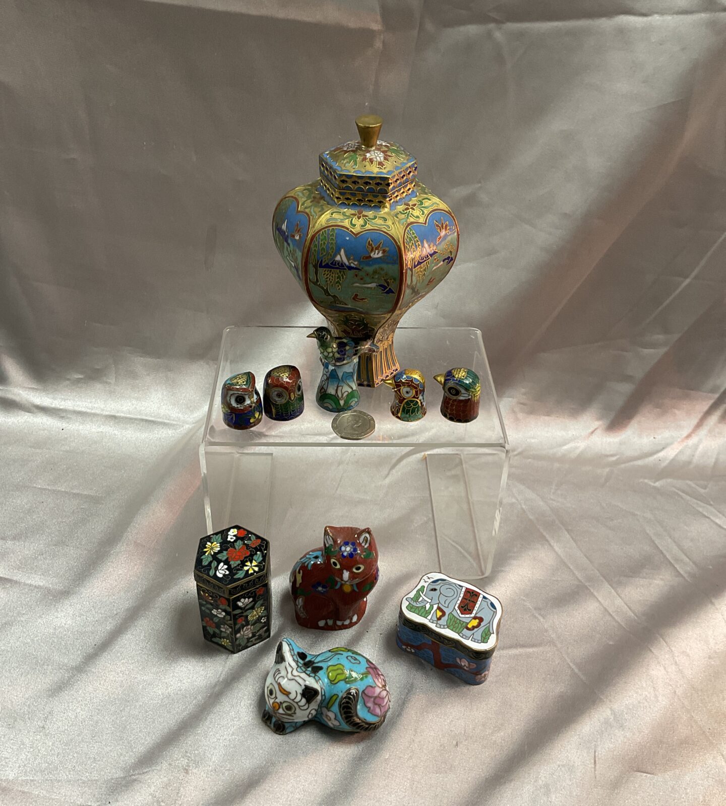 Collection of brass cloisonné birds cats vase ect