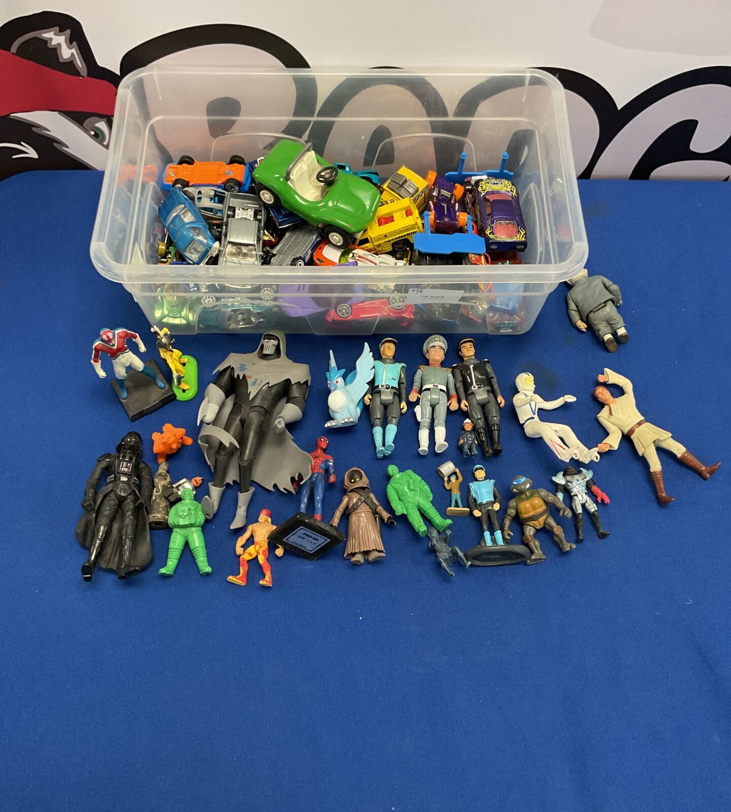 Box of mixed diecast models inc tonka, hotwheels and box of figues inc retro action figures