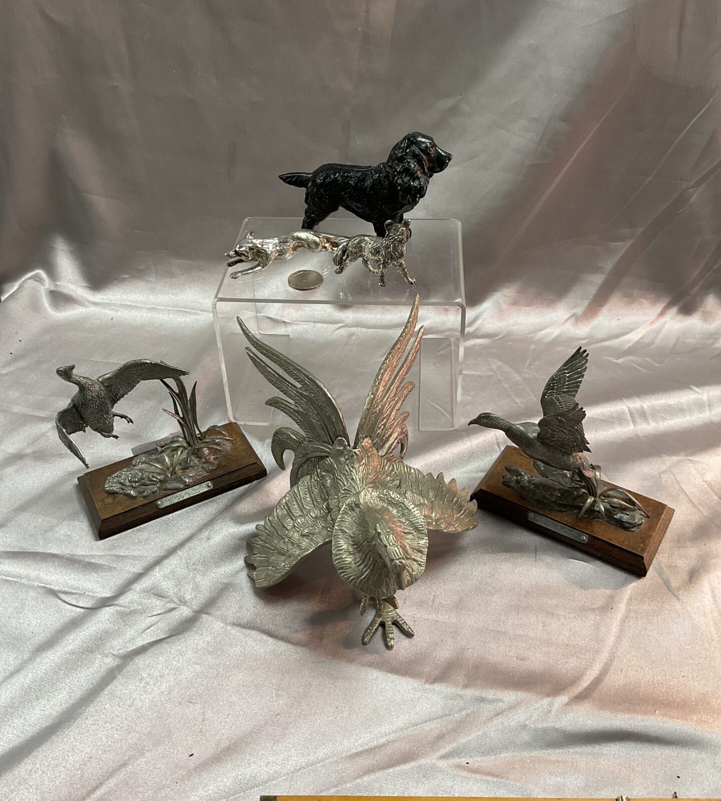 Collection of metal animal figures inc pewter mallard ducks fighting cock two dogs and a fox