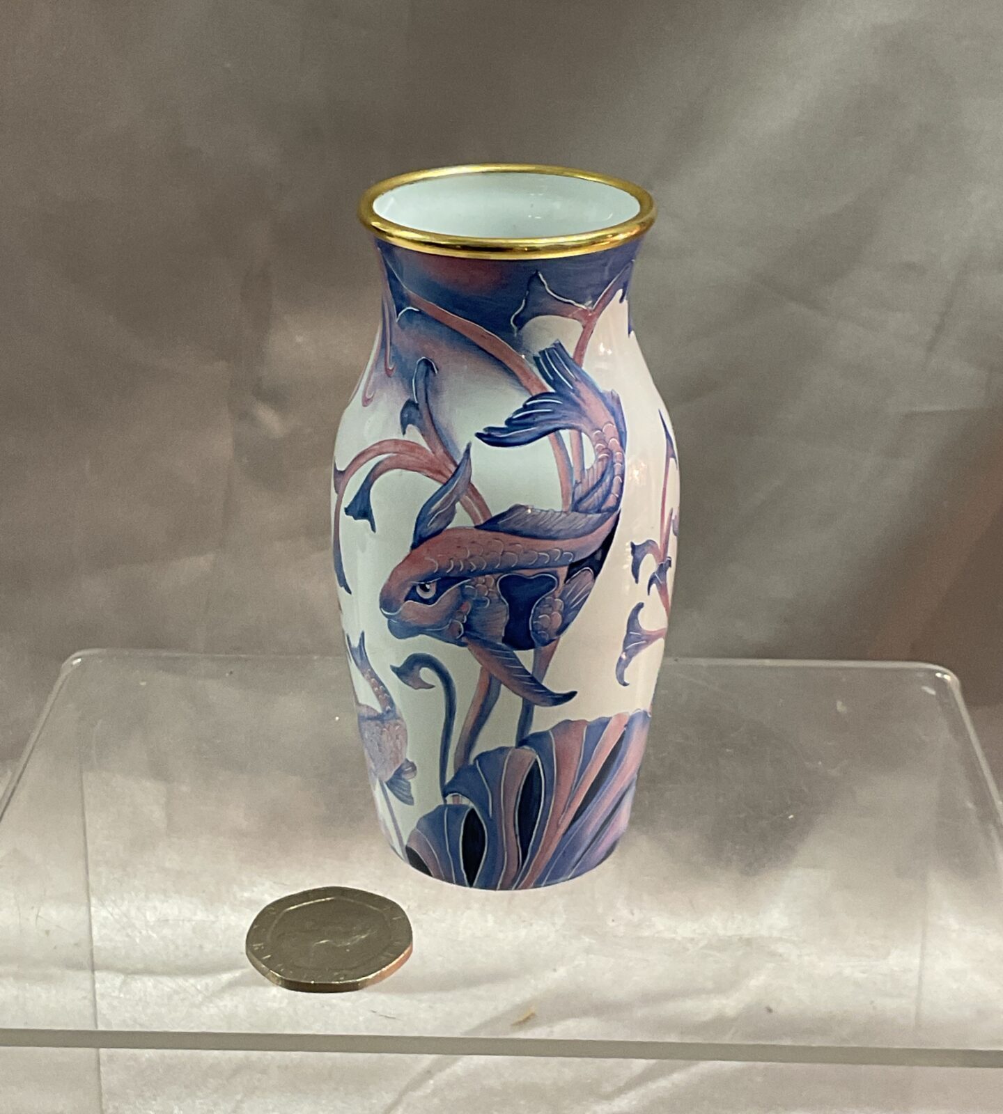 Ltd edition 24/200 Moorcroft brass and enamel 3" carp decorated  vase