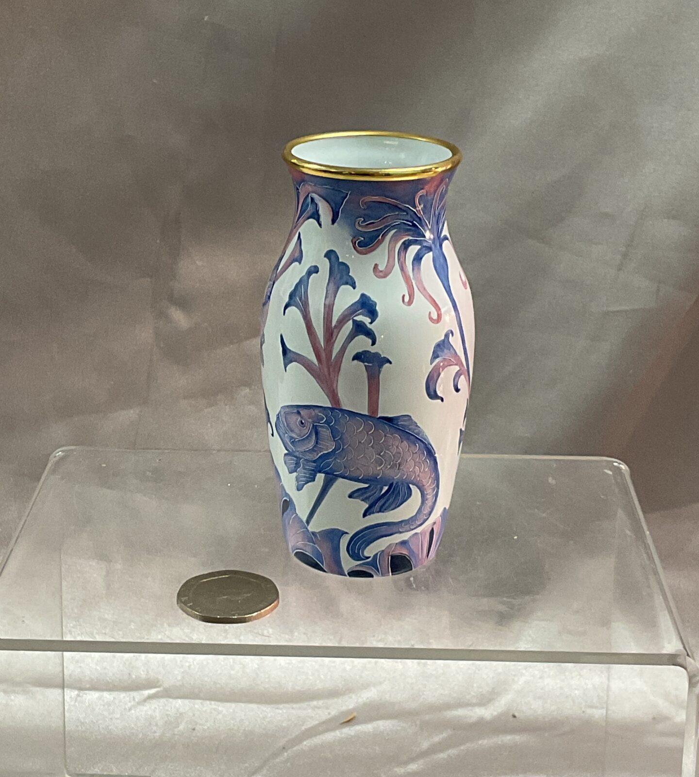 Ltd edition 24/200 Moorcroft brass and enamel 3" carp decorated  vase - Image 2