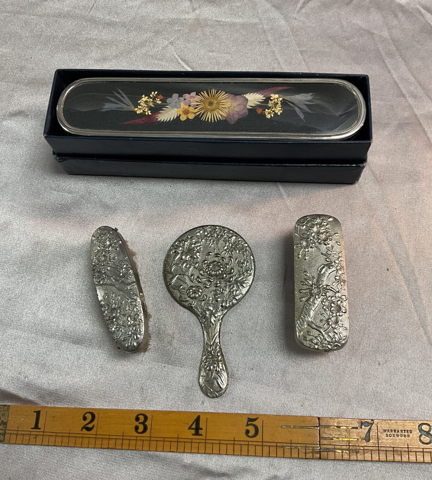 decorative Clothes brush in box and miniature dressing table silver plate set