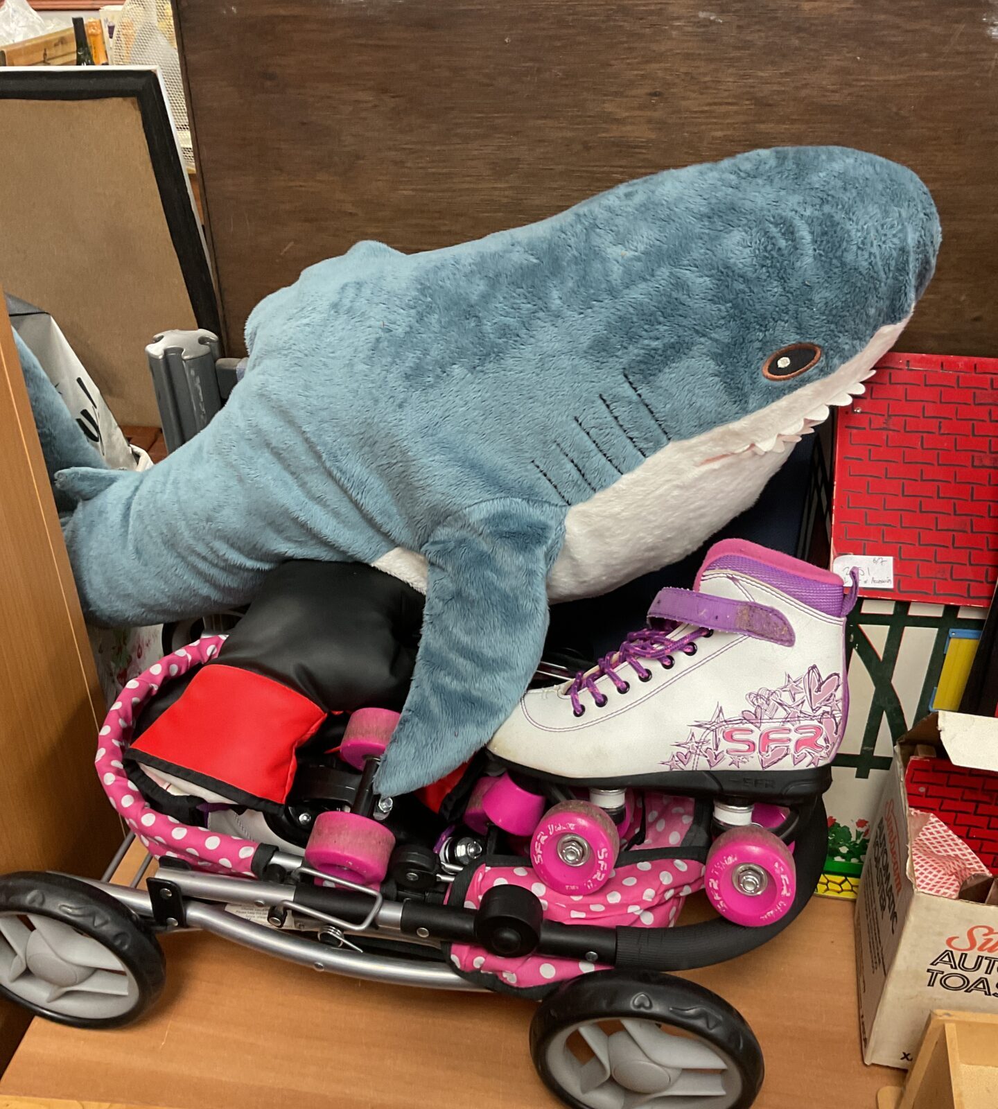 Large shark soft toy, childs dolls pram & roller skates