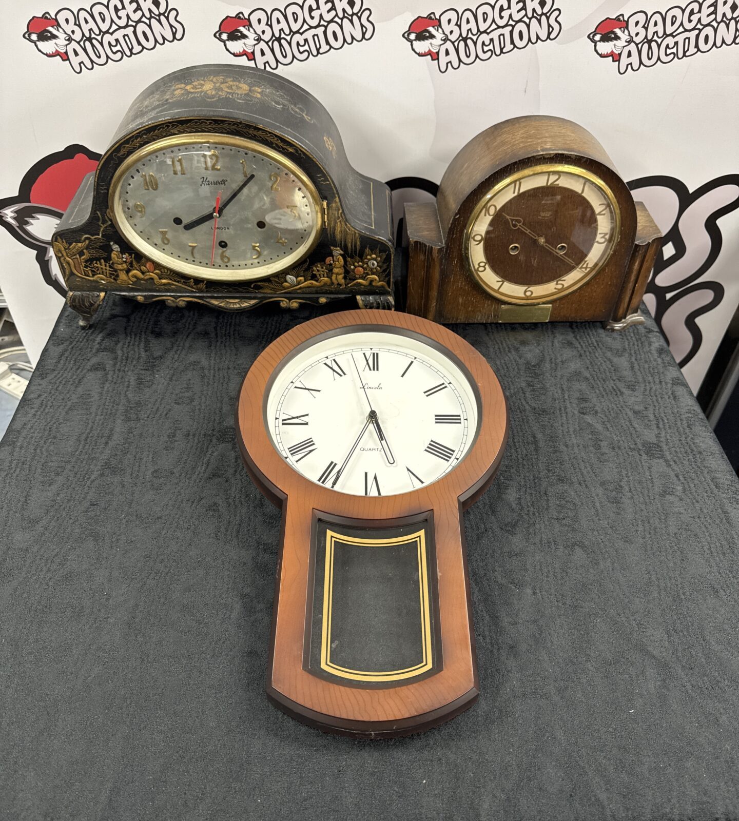Harrods mantle clock case (missing movement etc) with smiths Enfield mantle clock (no key) & Lincoln quartz wall clock