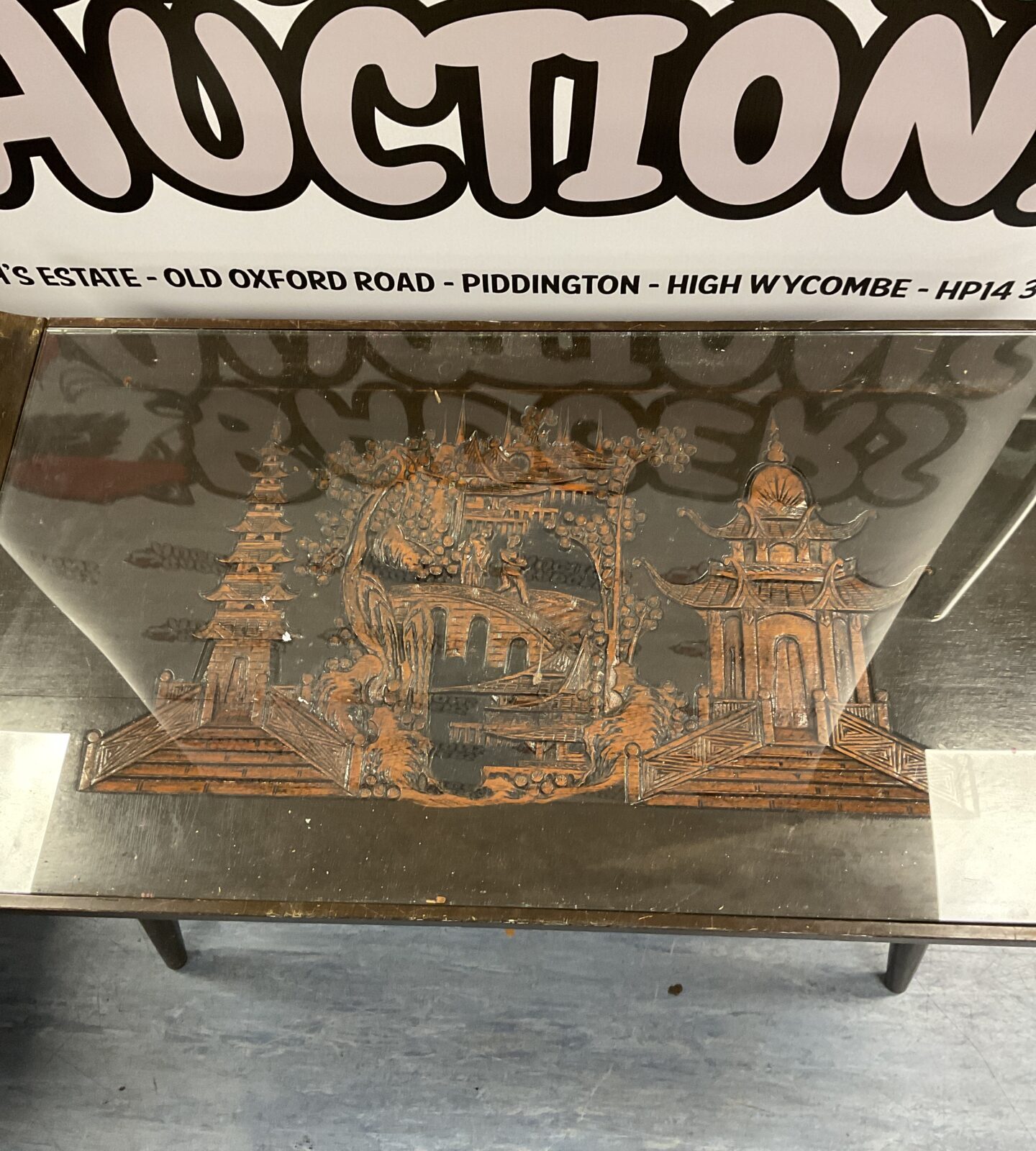 hand carved glass top chinese table - Image 2