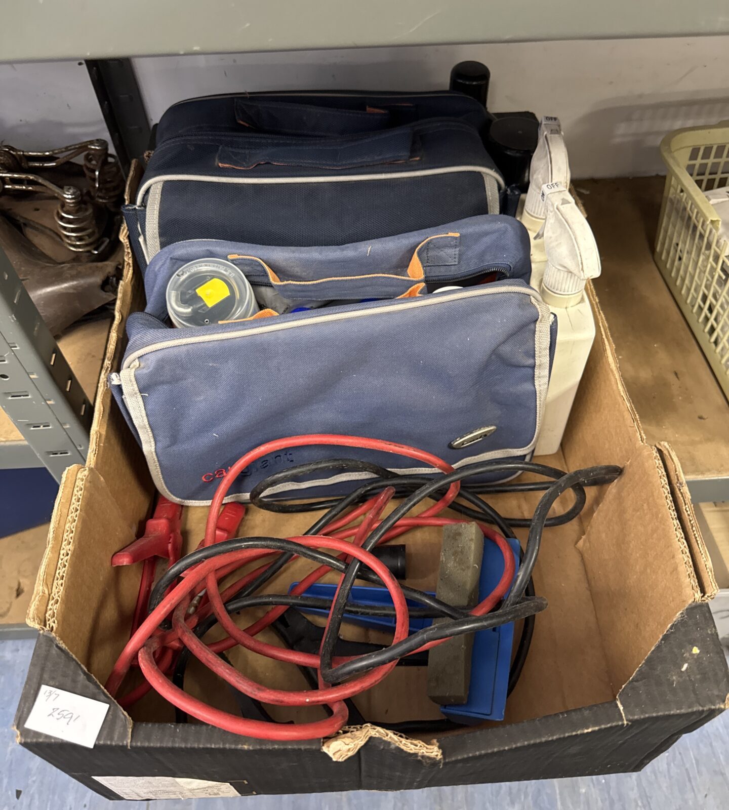 Box of motoring items inc jump leads & valet kits