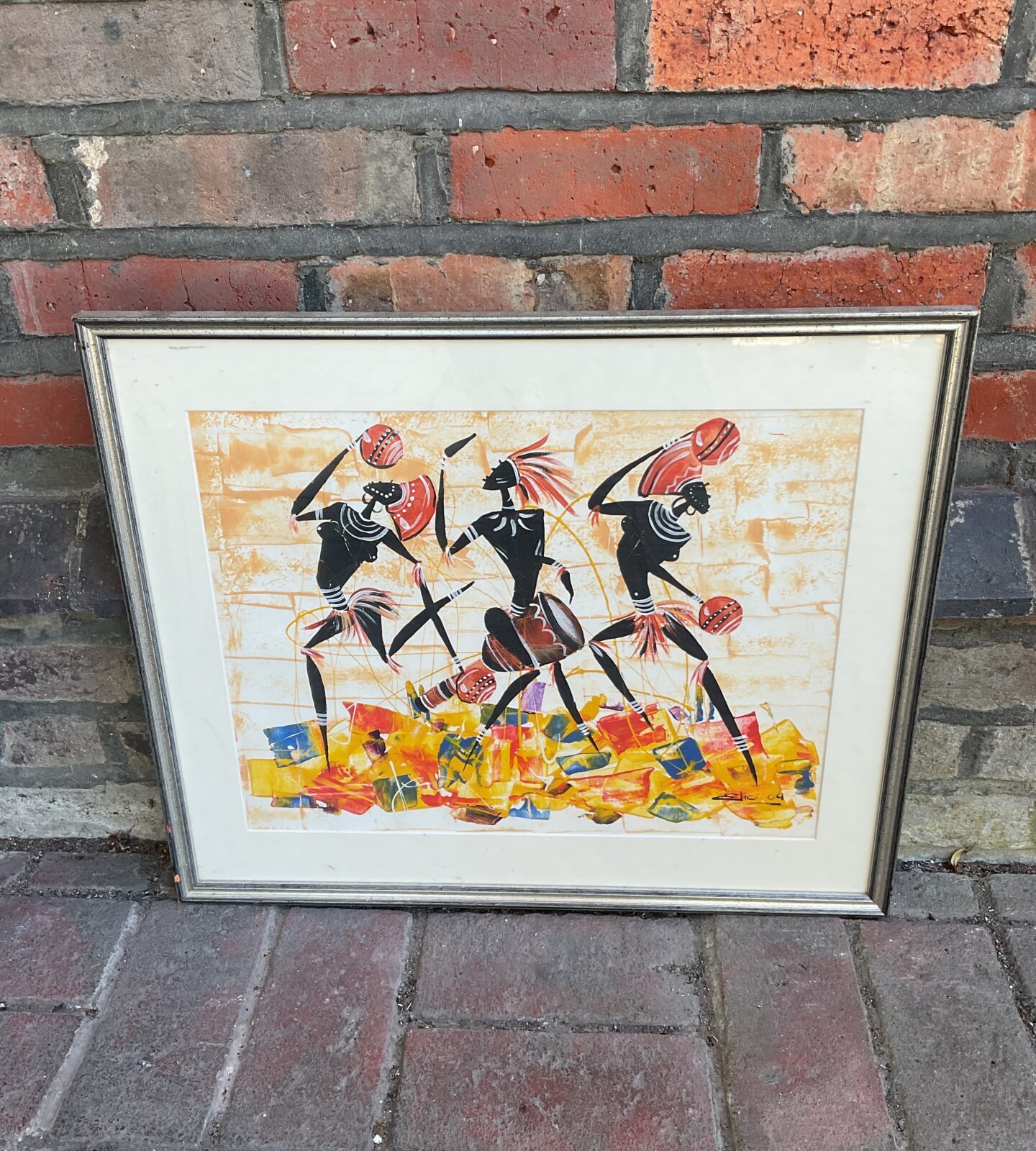 elic 09 signed african watercolour of tribal dance