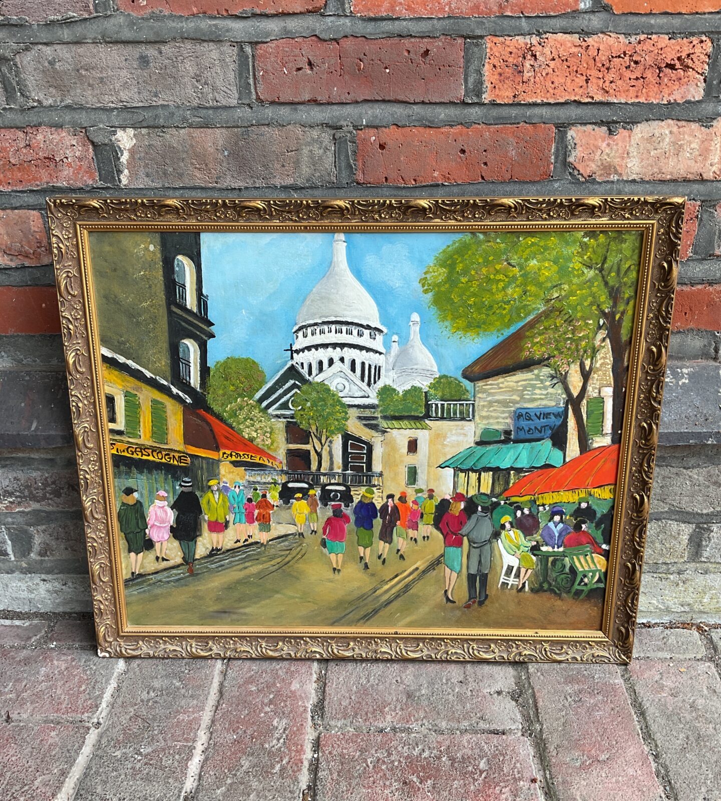 vintage oil on board view of paris with figures