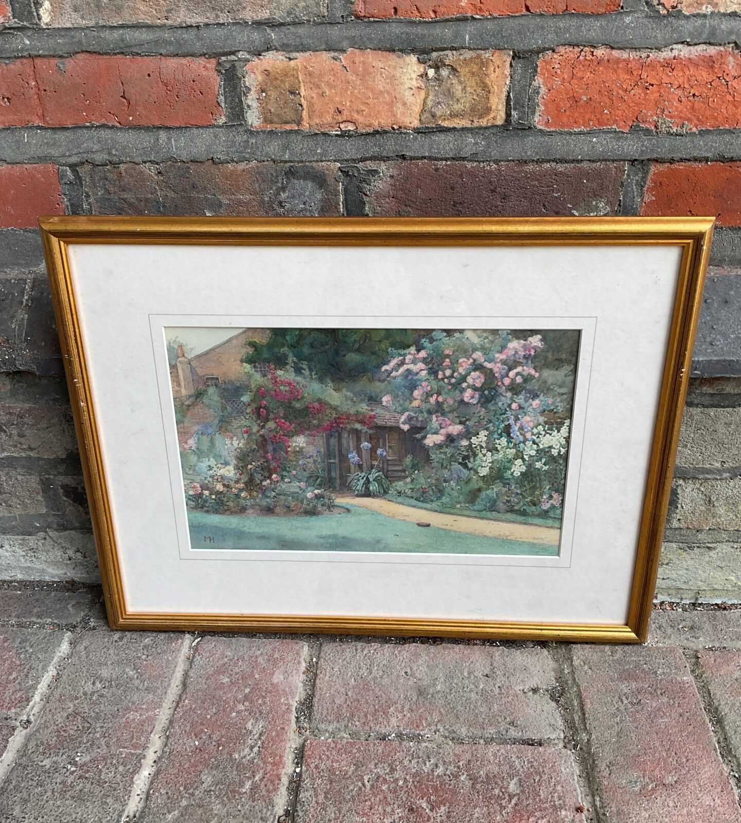 margaret harris watercolour of herbacious garden with cottage