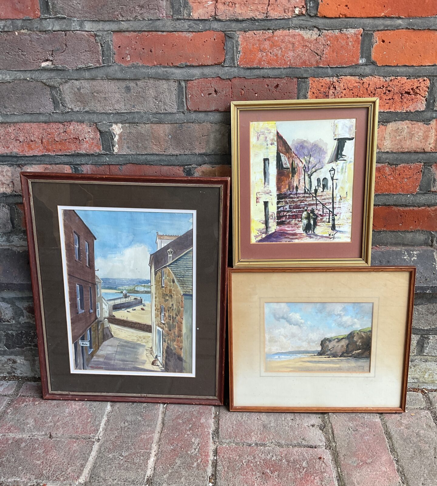 three framed watercolours including cornish scene by theo whalley & r l mowey of cliff face