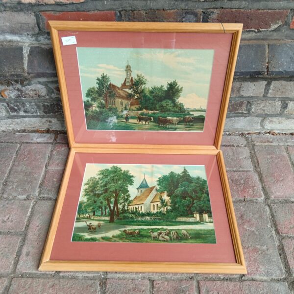 Pair of vintage Samuel Mitchell Kershaw rural scene prints with cattle.