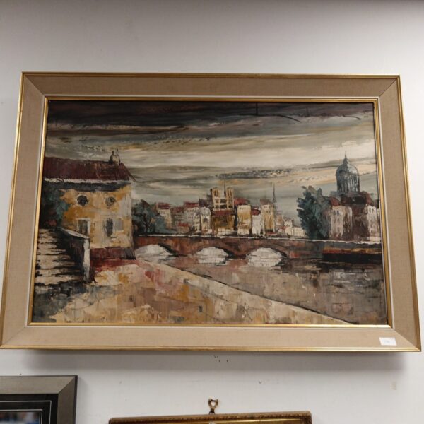 Large framed oil painting of a vibrant city river scene.