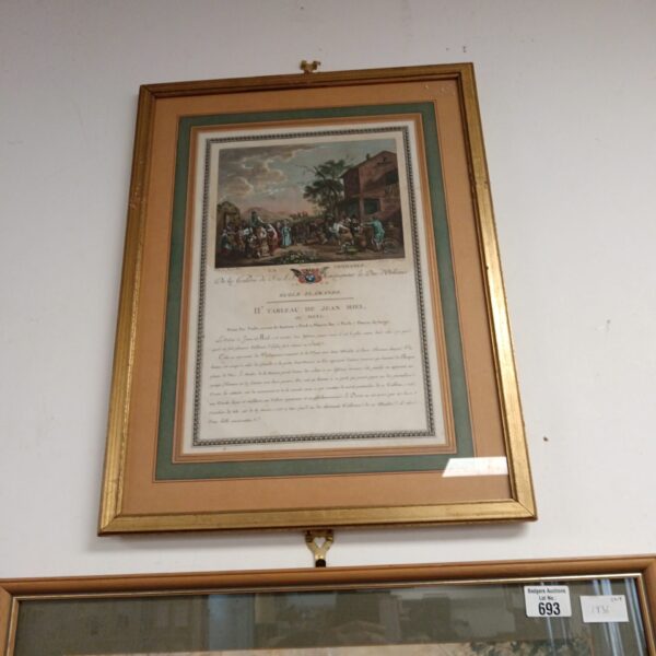 Antique French engraving of Tableau de Jean Miel in a gilded frame.