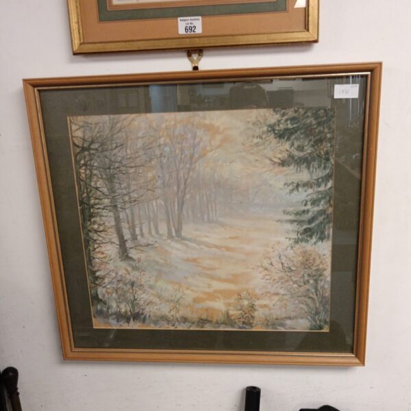 Framed original pastel artwork of a woodland