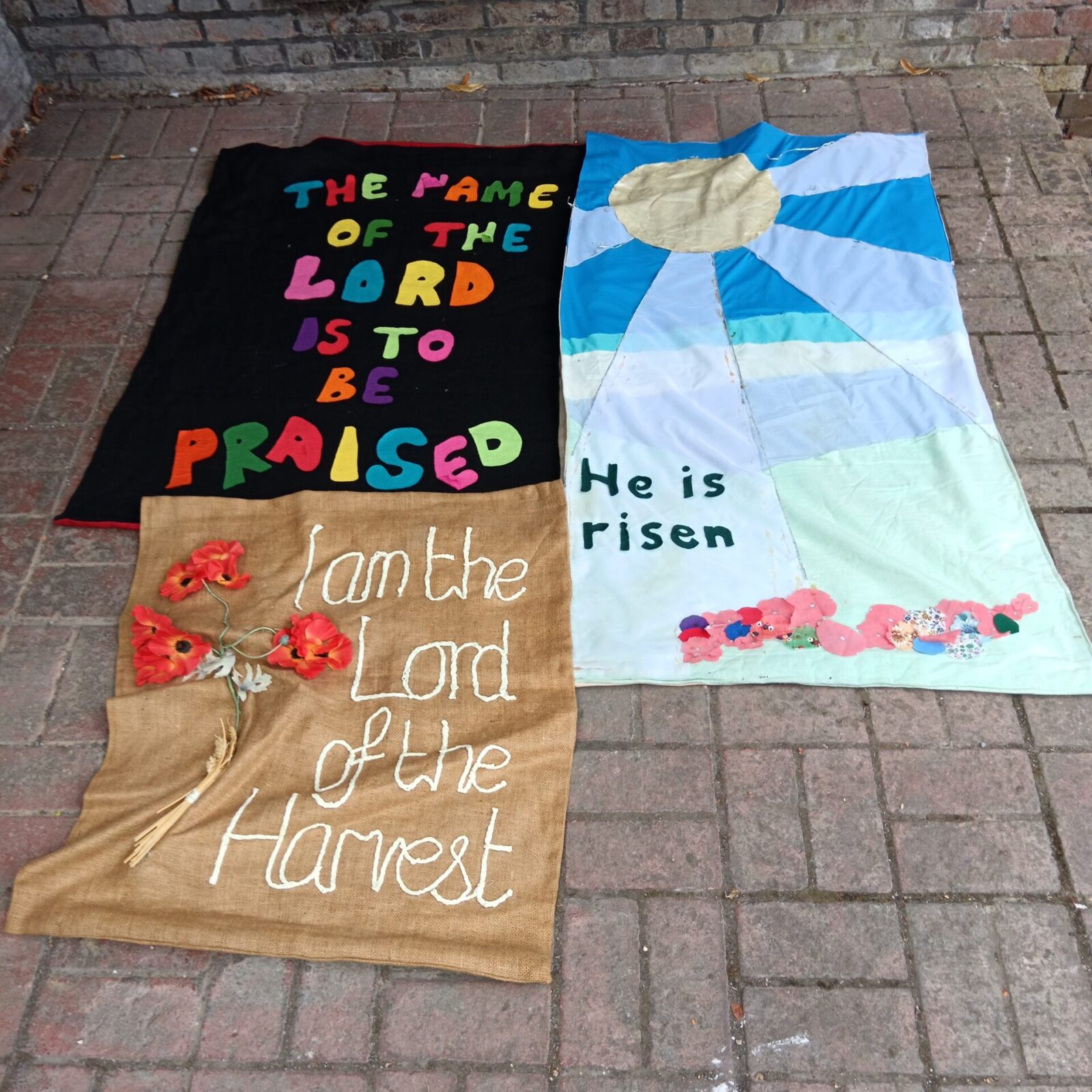 Three vintage religious banners from st Mary's church chesham