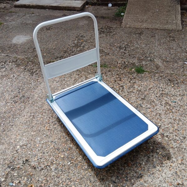 Blue folding metal trolley for light transport.