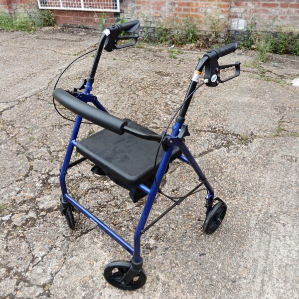 Blue Drive mobility walker with padded seat and wire basket.