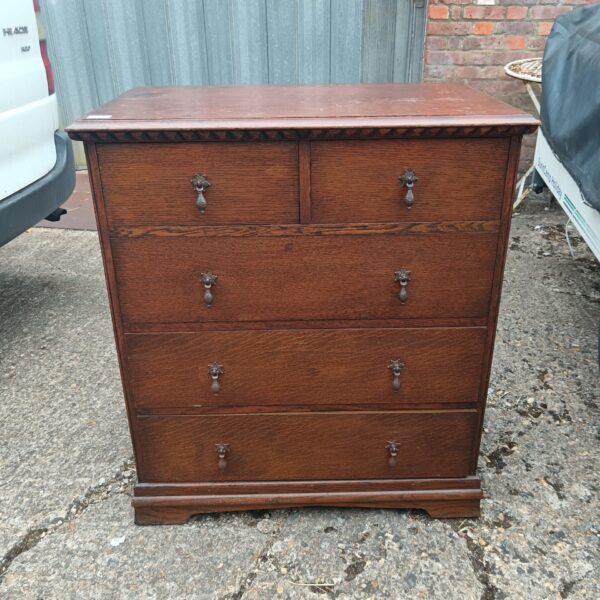Vintage wooden chest of drawers, two over three design.