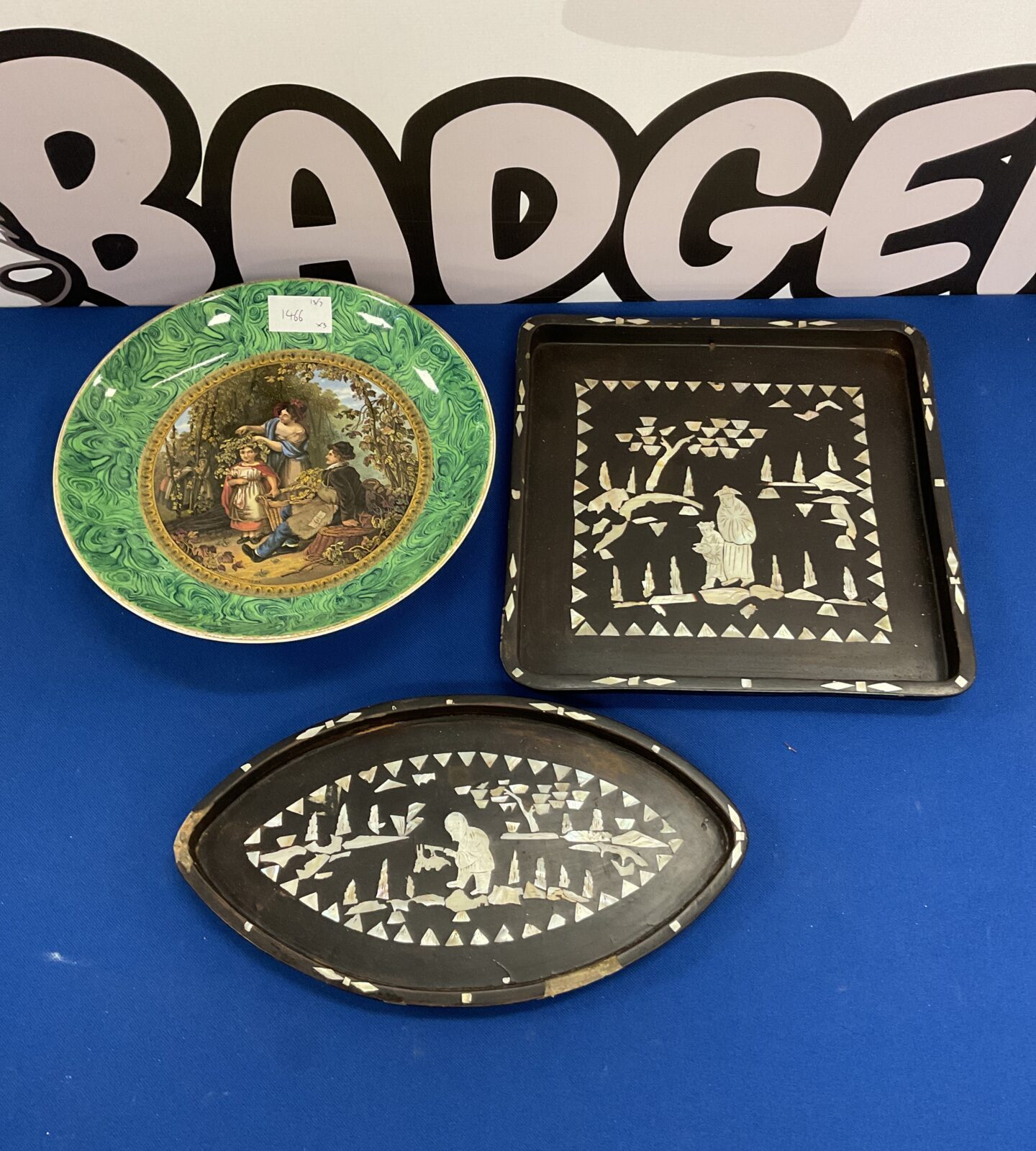 Two mother of pearl inlaid oriental trays & w p witherington ra cake plate